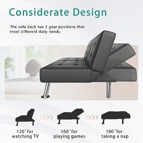 Flamaker Black PU Leather Modern Folding Futon Sofa Bed with Cup Holders
