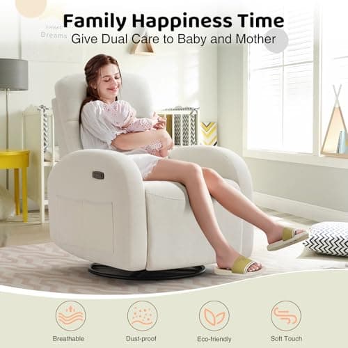 Cream White Power Recliner Glider with USB Ports & Double Pockets