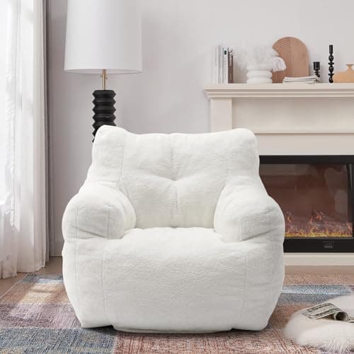 Bean Bag Chairs for Adults and Kids: Fluffy Memory Sponge Sofa with Armrests (White)