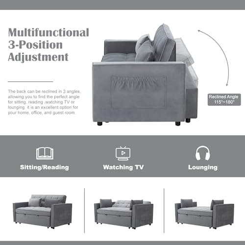55" Convertible Velvet Sleeper Sofa Bed with Storage | Grey