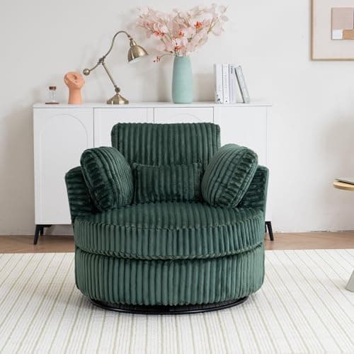 Green 360-Degree Swivel Barrel Chair with Thick Cushion & Throw Pillows