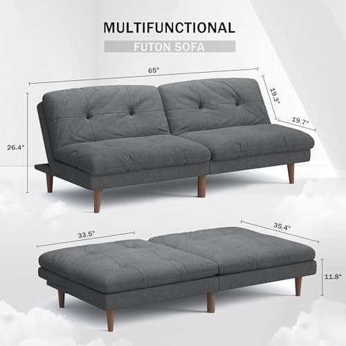 Flamaker Adjustable Futon Sofa Bed in Grey Fabric