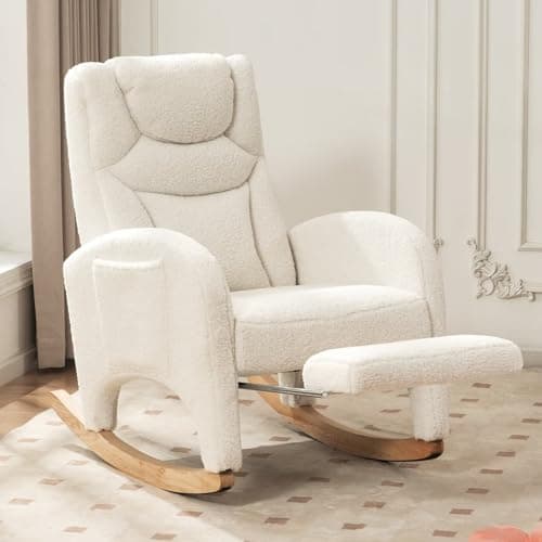 FOXHUNTER Modern Glider Chair with Footrest & Solid Wood Legs, High Backrest & Side Pocket, Teddy Ivory