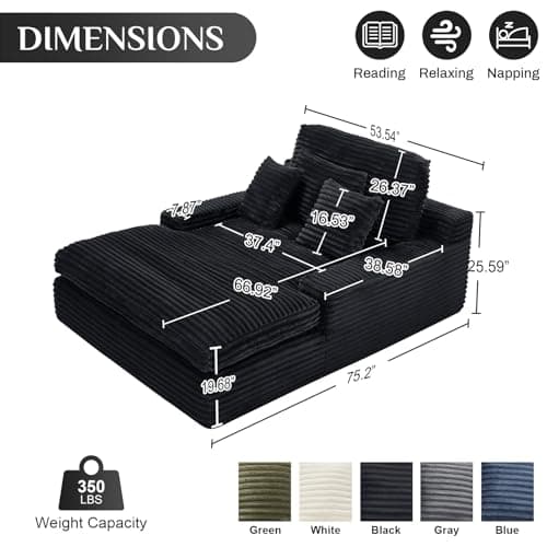 OuYesSir Black 2-Seater Fluffy Chaise Lounge Chair Bed for Living Room