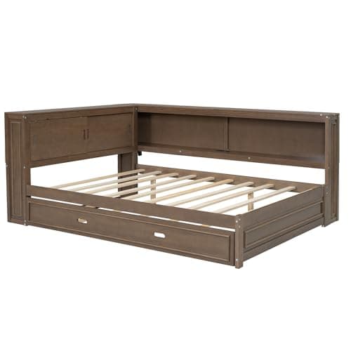 Full Size L-Shaped Floor Bed with Storage, Charging Station, & LED Headboard