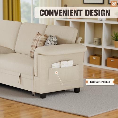 Homall L-Shaped Sleeper Sofa with Storage, Beige Linen Fabric