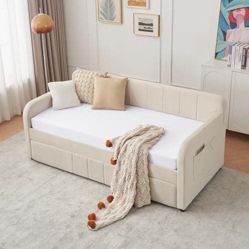 Twin Daybed with Pop Up Trundle for Guest Room Bedroom | Velvet Tufted Upholstered Twin to King Size Daybed Frame | Beige  
Pop Up Trundle Daybed for Guest Room | Velvet Tufted Upholstered Twin to King Size | Beige  
Twin to King Size Daybed with Pop