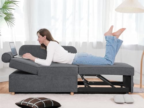 4-in-1 Sleeper Sofa Bed Linen Fabric Couch with 2 Throw Pillows & Single Recliner