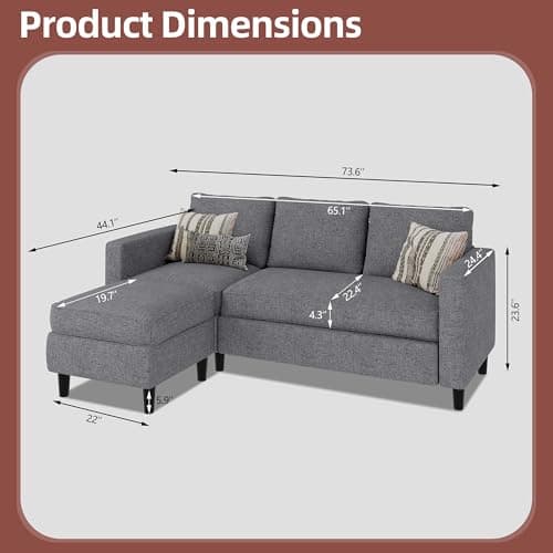 JAMFLY Dark Grey L Shaped Sectional Sofa with Ottoman for Small Living Rooms