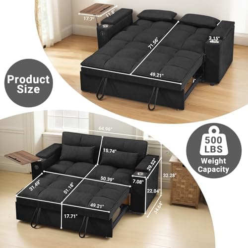 3-in-1 Sleeper Sofa Bed with Chaise Lounge,Adjustable Backrest & Side Table,Black