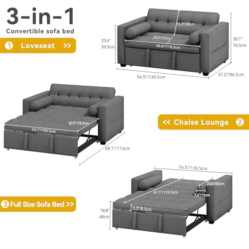 DWVO Dark Grey 3-in-1 Sleeper Sofa Bed with Reclining Backrest & Storage – Living Room Furniture