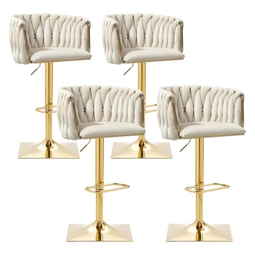 Antetek Modern Swivel Bar Stool Set, Adjustable Height, Woven Back, Silver Base, Blue Teddy