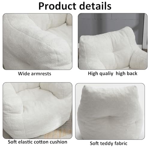 Bean Bag Chairs for Adults and Kids: Fluffy Memory Sponge Sofa with Armrests (White)