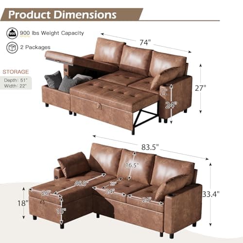 Brown L-Shaped Reversible Storage Sleeper Sofa with Pullout Bed
