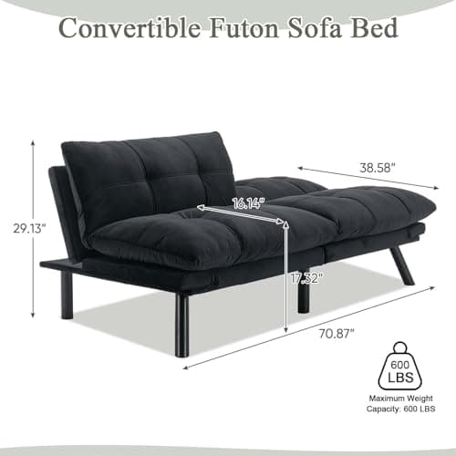Thick Cushioned 72" L Velvet Futon Couch Bed, Deep Black Reclining Sofa