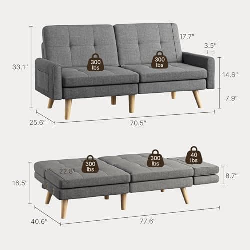Gizoon Dark Grey 70.9" Futon Sofa Bed with Adjustable Backrest