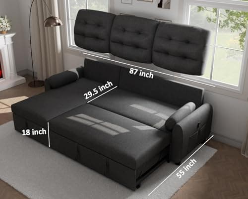 87 Sleeper Sectional Sofa Bed with Storage Chaise - Dark Grey Linen Fabric