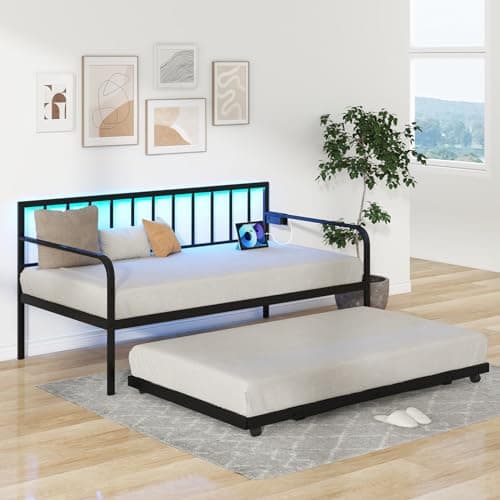 KOMFOTT Twin Metal Daybed with Pop-Up Trundle & Charging Station