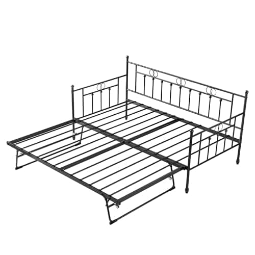 Height Adjustable Twin Daybed with Trundle, Black Pull-Out Sofa Bed for Living & Guest Rooms