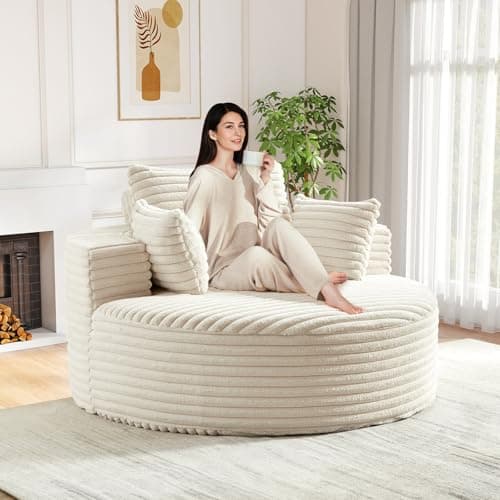Modern Oversized Black Round Chaise Longue Chair for Living Room and Bedroom, 55-inch Upholstered Chenille Deep Seat Circle Single Cloud Lounge Floor Sofa Chair