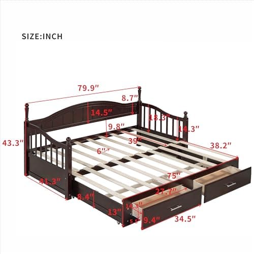 Merax Modern Wood Daybed with Pop Up Trundle for Kids Teens Adults Espresso