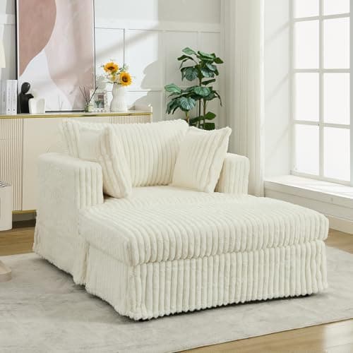Oversized Beige Chaise Lounge Chair with Ottoman and Throw Pillows