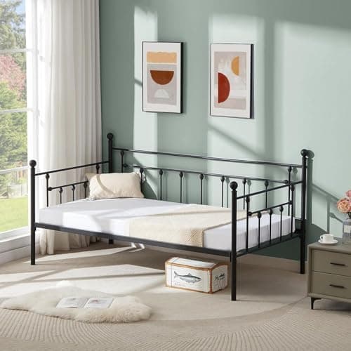 VECELO Heavy Duty Metal Daybed Frame, Twin Size with Headboard and Slats Support