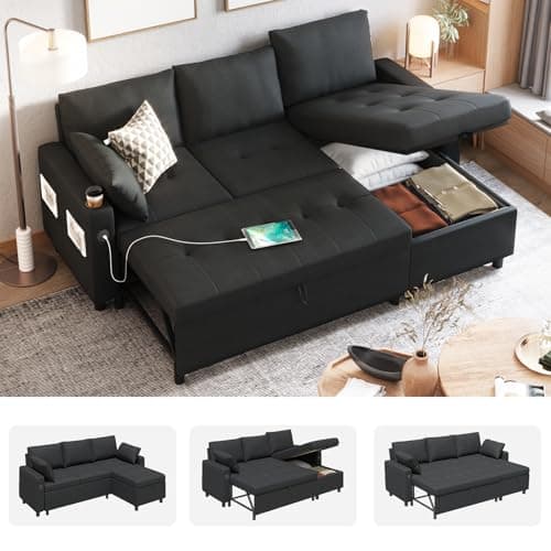 Brown L-Shaped Reversible Storage Sleeper Sofa with Pullout Bed