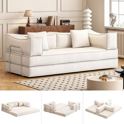 Modern 82.67" Fold-Out Sofa Bed, King Size, White Corduroy Fabric
