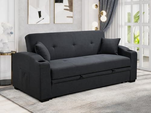 75" Queen Size Convertible Futon Couch with Pull Out Bed and Cup Holders, Blue