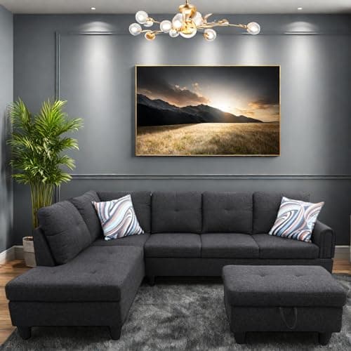 L-Shaped Couch with Chaise, 6 Seat Modern Living Room Sectional in Black/Grey with Storage