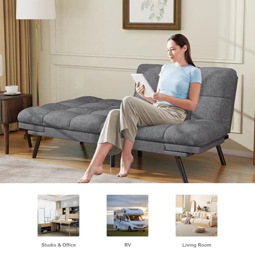 MUUEGM Light Gray Linen Reversible Splitback Recliner Loveseat 71" Futon Couch