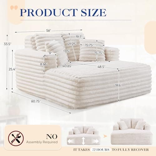 Oversized Chaise Lounge Indoor Beige Modern Plush Corduroy Fabric Deep Seat Boneless Memory Foam Sleeper Sofa Chair with Pillows for Living Room Bedroom Studio No Assembly Couch