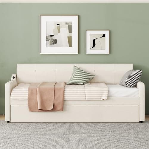 Beige Twin Size Daybed with Pop-up Trundle & Charging Station