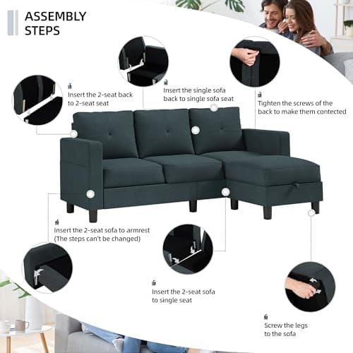Shintenchi 79 Inch L-Shaped Sectional Sofa, Dark Grey, Living Room Essential