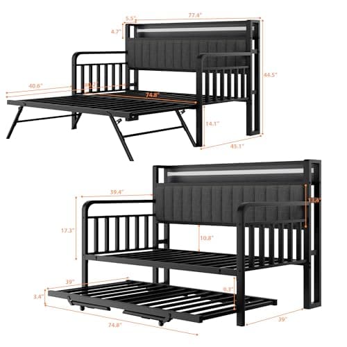 Heavy Duty Metal Full Bed Frame with Pop Up Trundle and LED Light (Black)
| Sturdy Daybed for Living Room, Bedroom and Guest Room with Charging Station (Black)
| Upholstered Storage Headboard and LED Light Daybed (Black)
