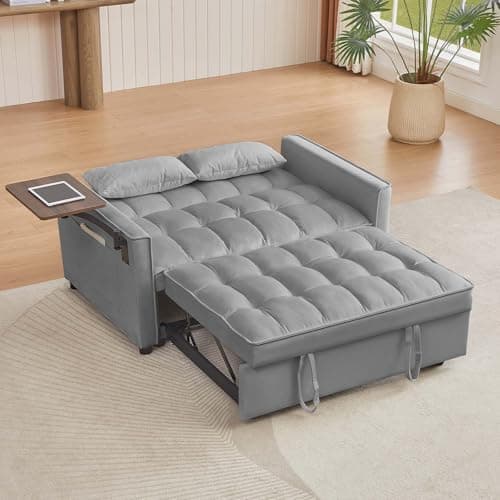 Antetek 3-in-1 Convertible Sofa Bed with Rotating Side Table, 53 Velvet Loveseat for Living Room, Office, and Small Spaces - Grey