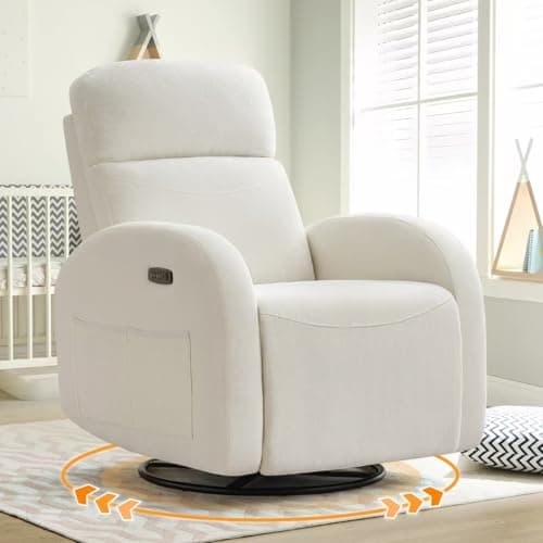 Cream White Power Recliner Glider with USB Ports & Double Pockets