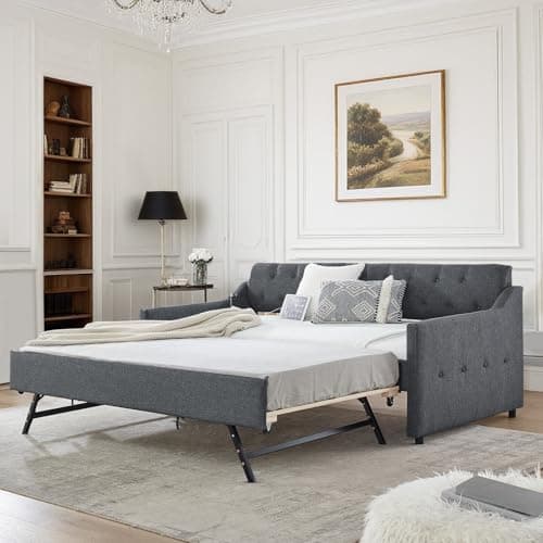 Dark Grey Linen Tufted Extendable Day Bed with Trundle & USB Ports