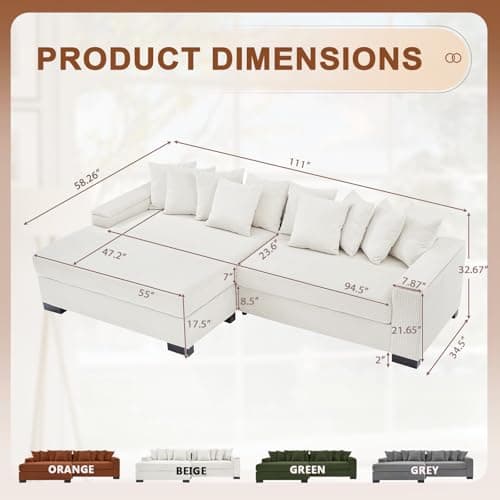 111-inch Modular L-Shaped Couch with Chaise, Beige Cloud Corduroy Storage Sofa