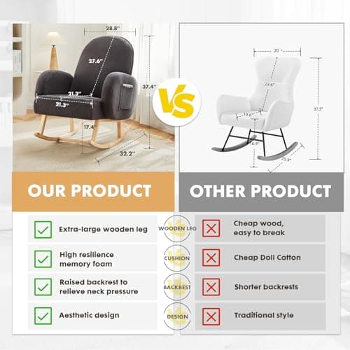 Rubber Wood Leg Rocking Chair with Side Pocket for Living Room, Bedroom, Nursery