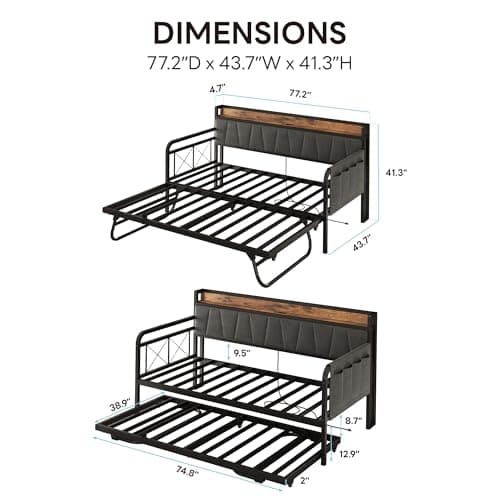 LIKIMIO Grey Twin Daybed with Trundle Bed and Storage Headboard for Living Room, Bedroom, and Guest Room, Strong Supports and Charging Station