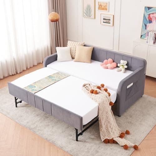 Twin Daybed with Pop Up Trundle for Guest Room Bedroom | Velvet Tufted Upholstered Twin to King Size Daybed Frame | Beige  
Pop Up Trundle Daybed for Guest Room | Velvet Tufted Upholstered Twin to King Size | Beige  
Twin to King Size Daybed with Pop