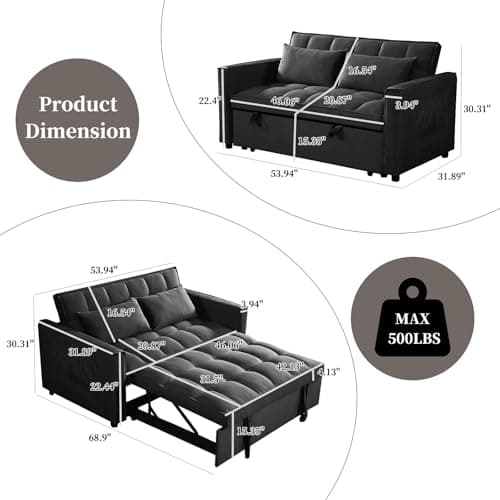 Black Velvet 3-in-1 Couch Bed with Adjustable Backrest