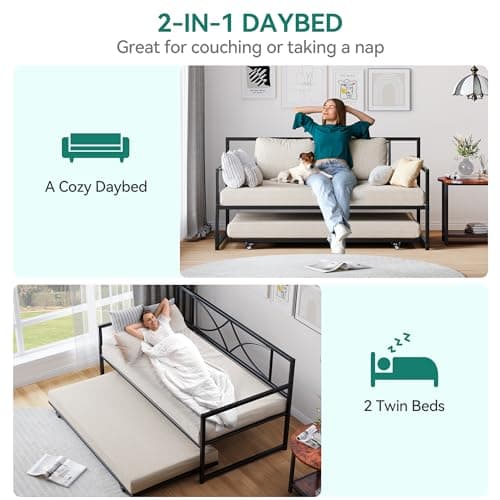 YITAHOME Black Twin Daybed with Pull Out Trundle and Steel Slat Support