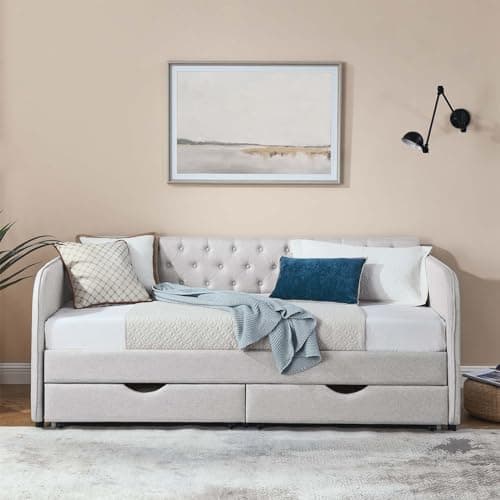 Modern 80.5 Daybed with Trundle Bed and Storage Drawer, Beige