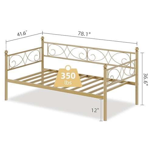 Modern Gold Metal Day Bed with Floral Headboard, Heavy Duty Steel Slats Supports