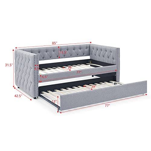 Light Grey Linen Tufted Daybed with Trundle, Modern Frame