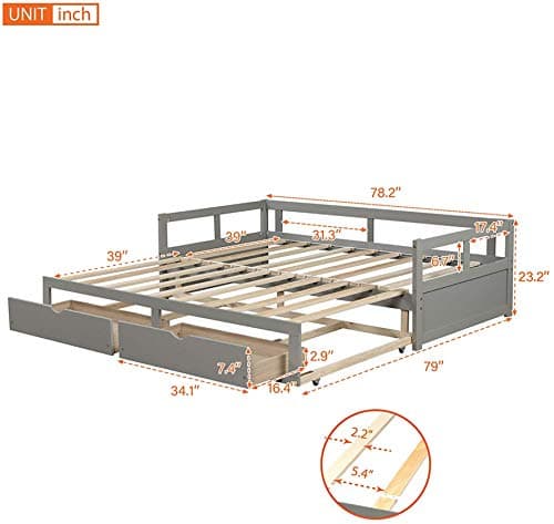 Meritline Extendable Daybed Frame, Twin to King, Gray Storage Drawers