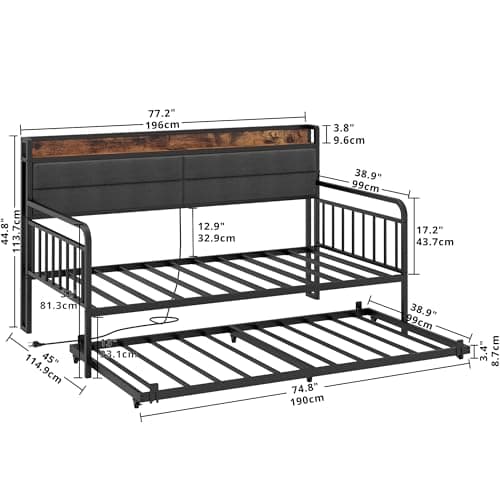LIKIMIO Sturdy Metal Twin Bed Frame with Upholstered Headboard & Charging Station, Black